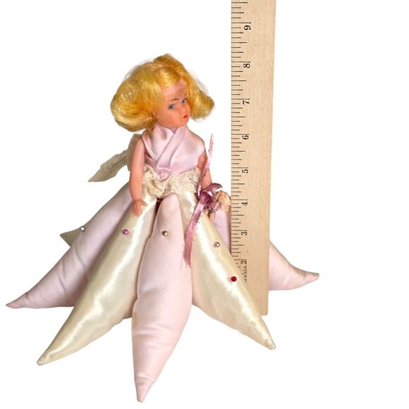 Vintage Pincushion Doll Satin Skirt Pink Blonde Sewing Pin Holder 1950s Handmade - Picture 8 of 8